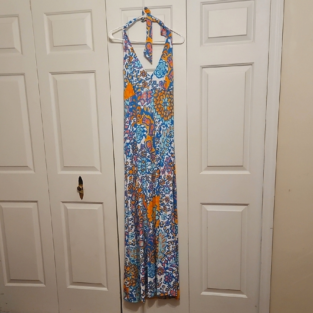 Tori Richard Colorful Floral Maxi Halter Dress/ XL